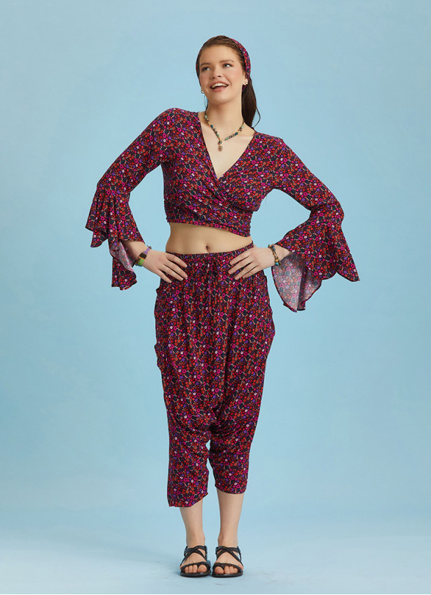 Flowers Patterned Gypsy Style Bell Sleeve Crop Top