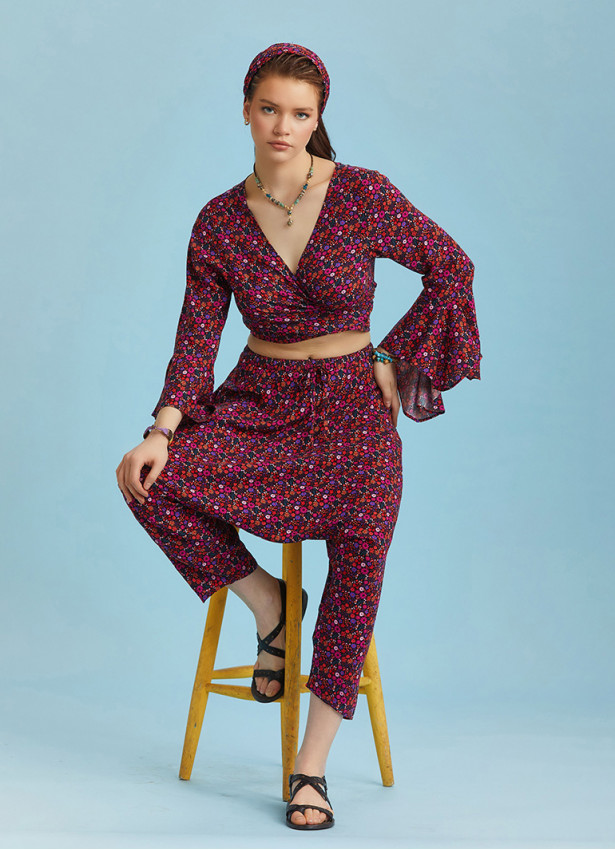 Floral Patterned Elastic Waist Capri Harem Pants