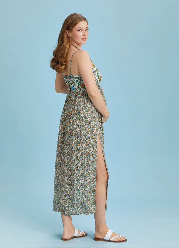 Strappy Button Back Floral Slit Maternity Dress