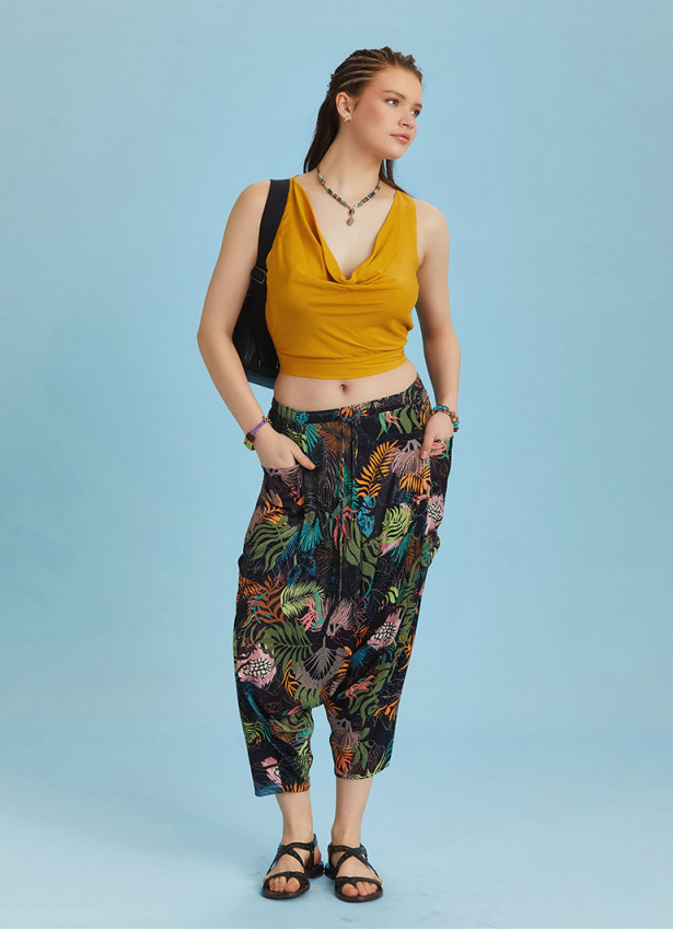 Elastic Hem Sleeveless Yellow Cowl Neck Crop Top