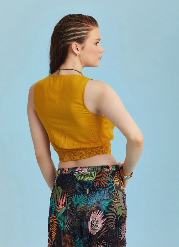 Elastic Hem Sleeveless Yellow Cowl Neck Crop Top