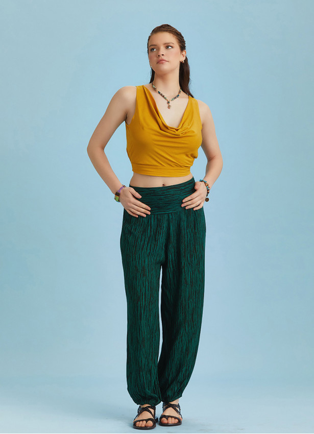 Green Patterned Elastic Waist and Hem Mid Rise Harem Pants