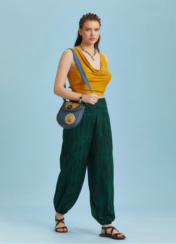 Green Patterned Elastic Waist and Hem Mid Rise Harem Pants