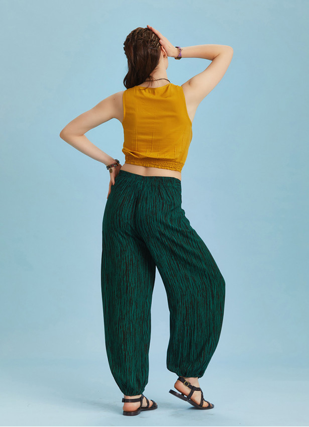Green Patterned Elastic Waist and Hem Mid Rise Harem Pants