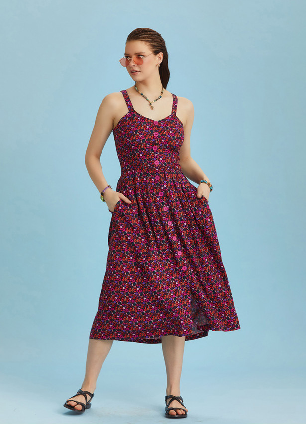 Bohemian Style Buttoned Wide Strap Long Flowers Patterned Dress