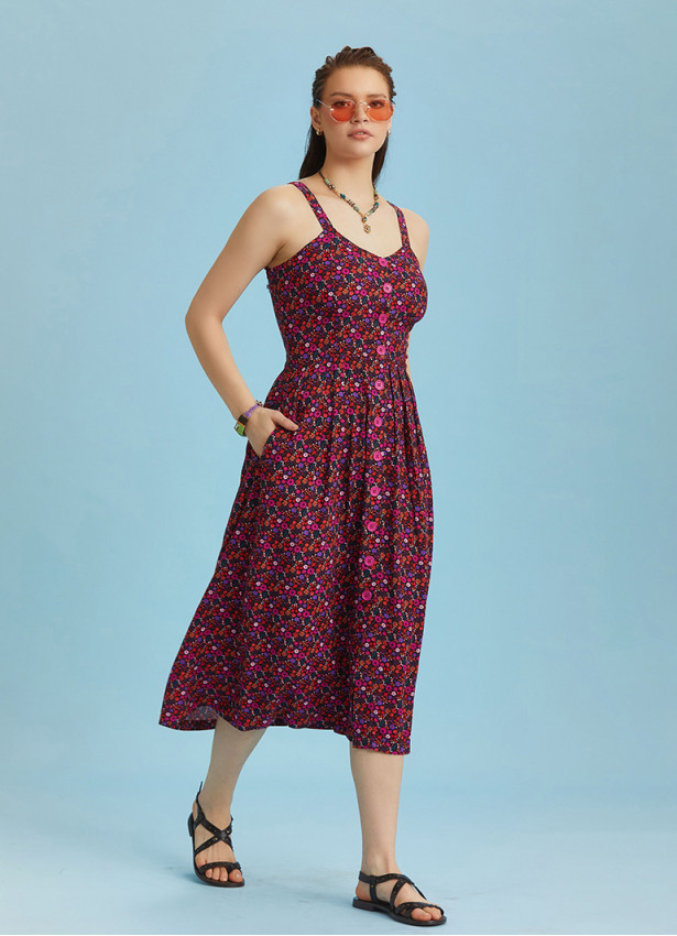 Bohemian Style Buttoned Wide Strap Long Flowers Patterned Dress