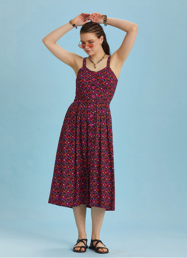 Bohemian Style Buttoned Wide Strap Long Flowers Patterned Dress