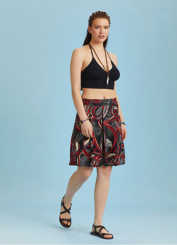 Boho Chic Black Printed Short Pleat Skirt