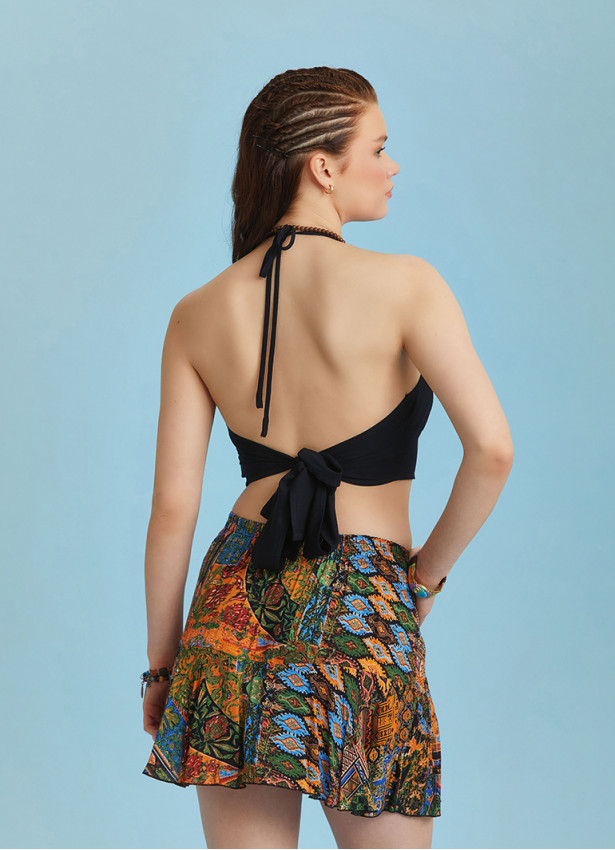 Boho Chic Style Green Print Ruffled Mini Skort