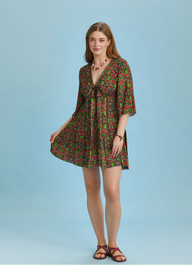 Frill Hem Tie Front Green Short Plus Size Dress