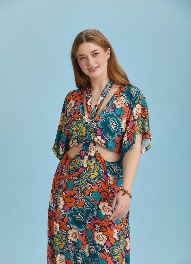 Boho Chic Style Floral Printed Cut Out Plus Size Dress