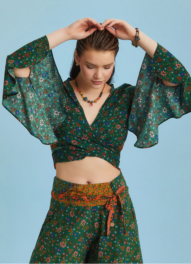 Green Flowers Patterned Gypsy Style Bell Sleeve Crop Top