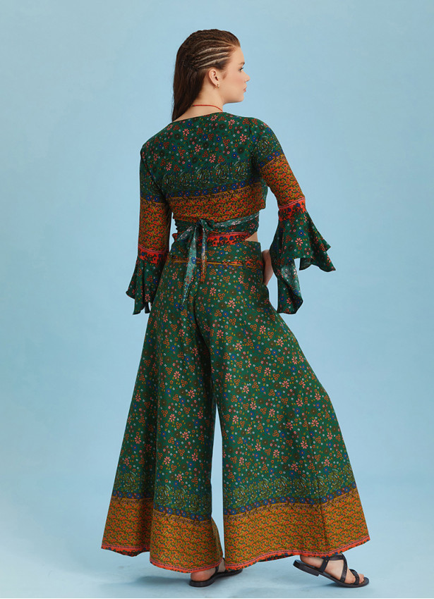 Green Flowers Patterned Gypsy Style Bell Sleeve Crop Top