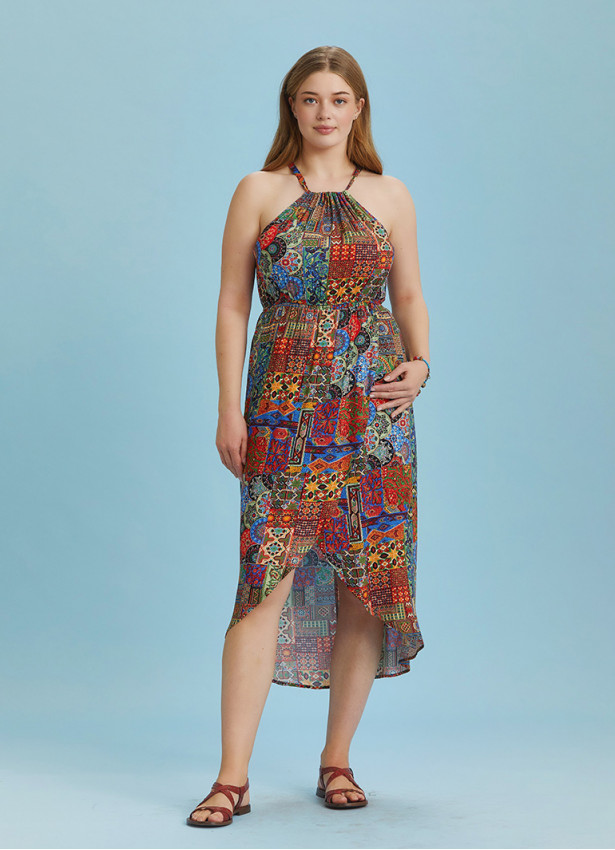 Ethnic Patterned Halter Neck Plus Size Dress