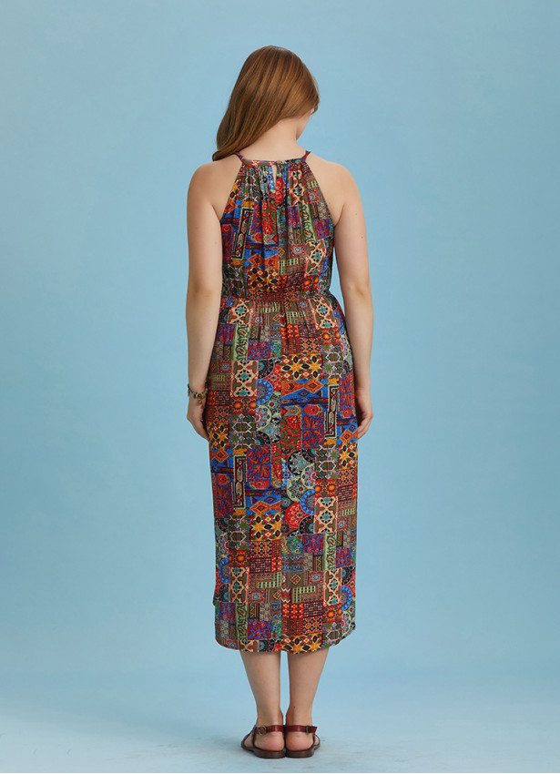 Ethnic Patterned Halter Neck Plus Size Dress