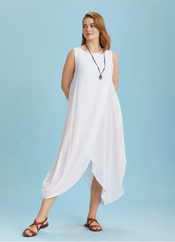 Sleeveless Front Layered White Baggy Plus Size Dress