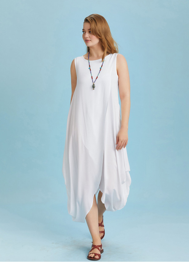 Sleeveless Front Layered White Baggy Plus Size Dress