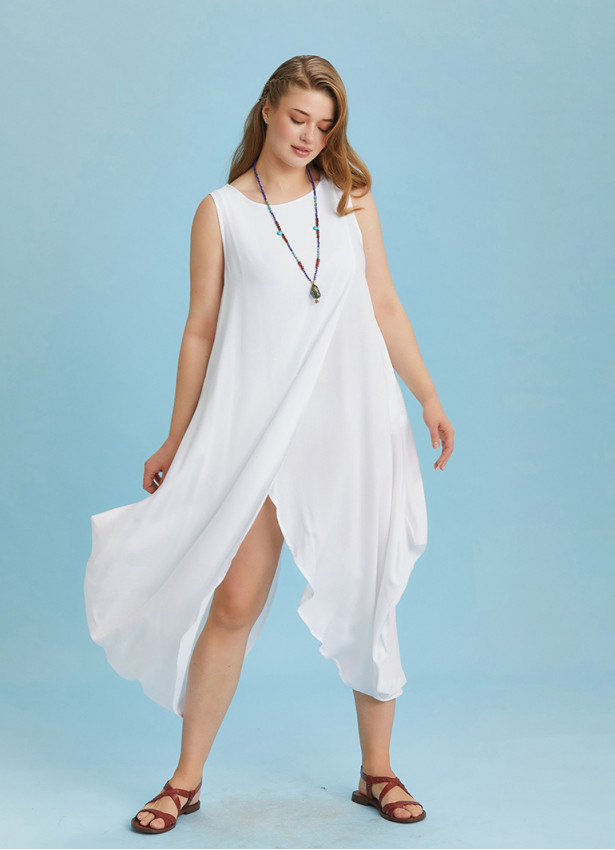 Sleeveless Front Layered White Baggy Plus Size Dress