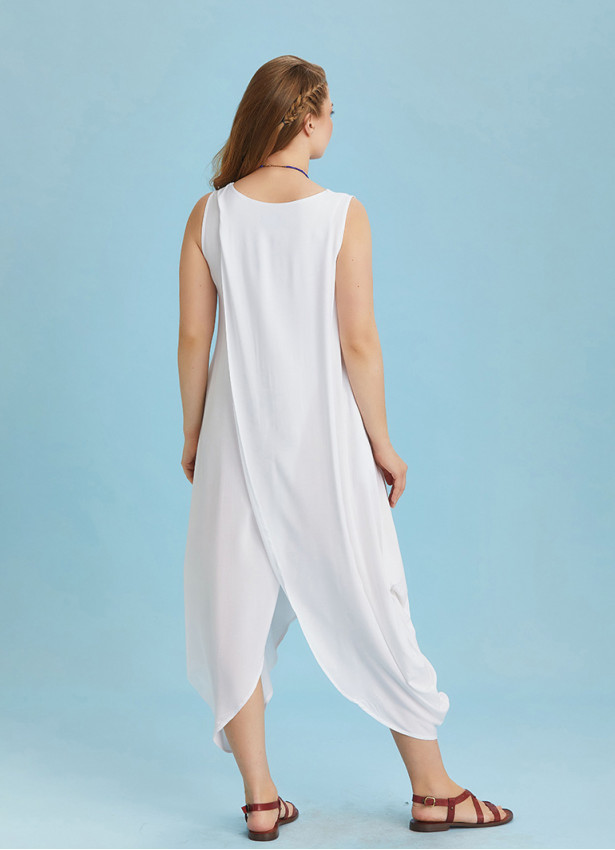 Sleeveless Front Layered White Baggy Plus Size Dress