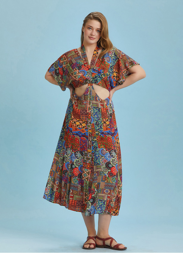 Boho Chic Style Ethnic Printed Cut Out Plus Size Dress