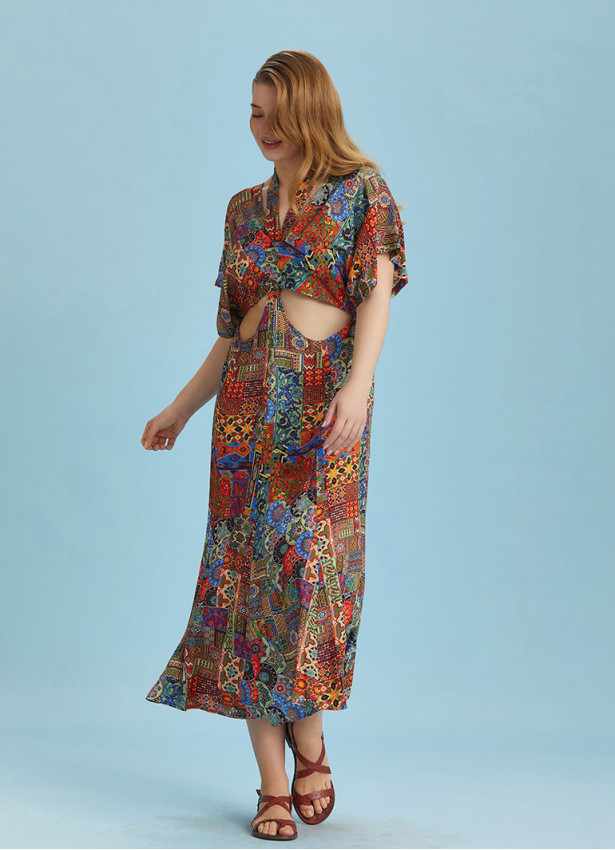 Boho Chic Style Ethnic Printed Cut Out Plus Size Dress