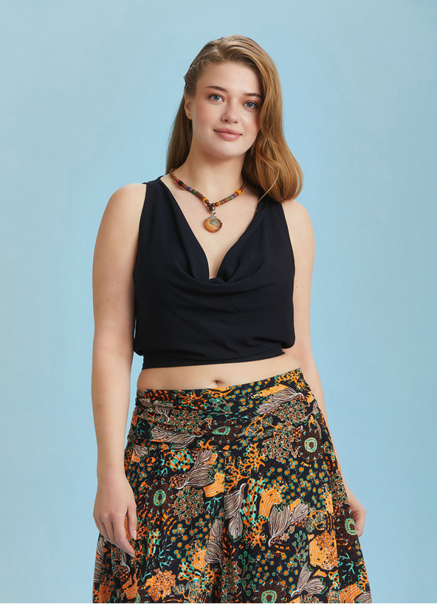 Elastic Hem Sleeveless Black Cowl Neck Plus Size Top