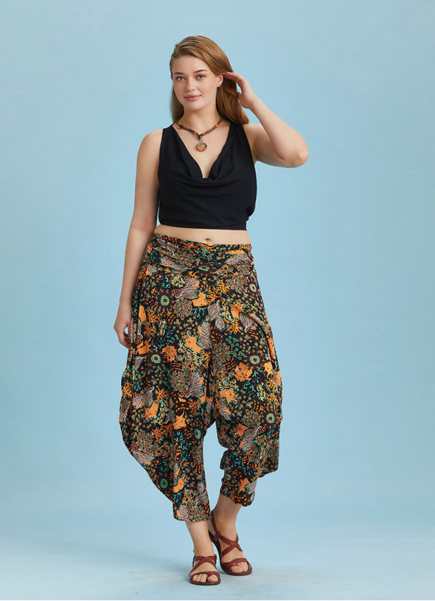 Draped Elastic Waist Floral Print Plus Size Pants