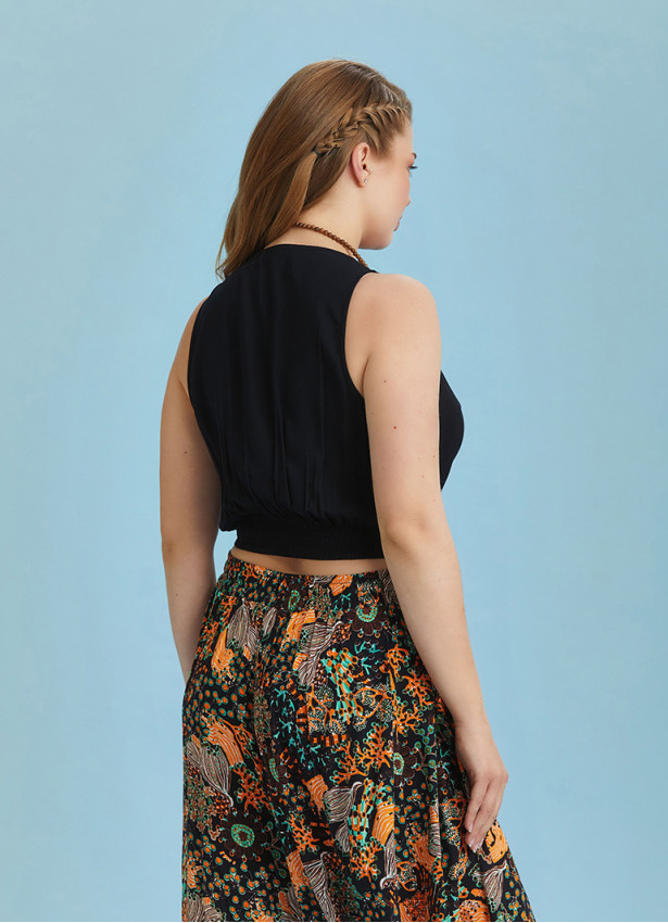 Elastic Hem Sleeveless Black Cowl Neck Plus Size Top