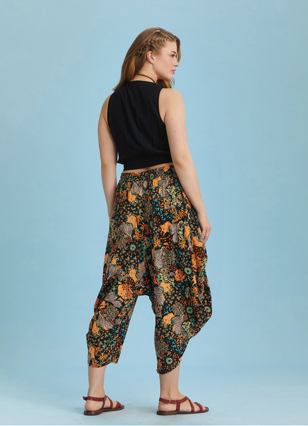 Draped Elastic Waist Floral Print Plus Size Pants
