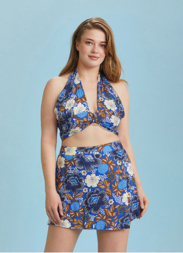 Boho Chic Shirred Back Tie Neck Halter Blue Plus Size Crop Top