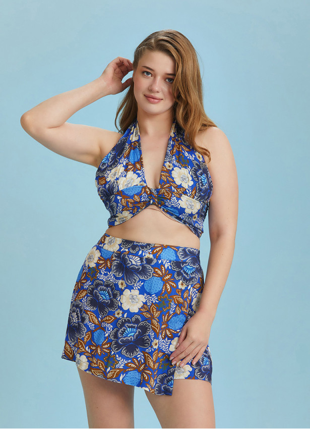 Boho Chic Wrap Front Blue Plus Size Skort