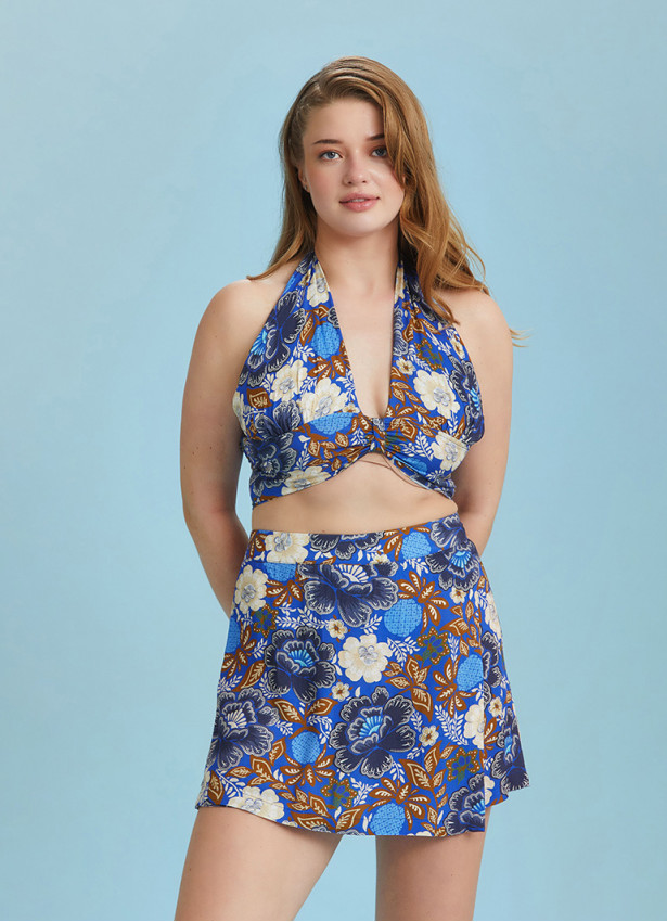 Boho Chic Shirred Back Tie Neck Halter Blue Plus Size Crop Top