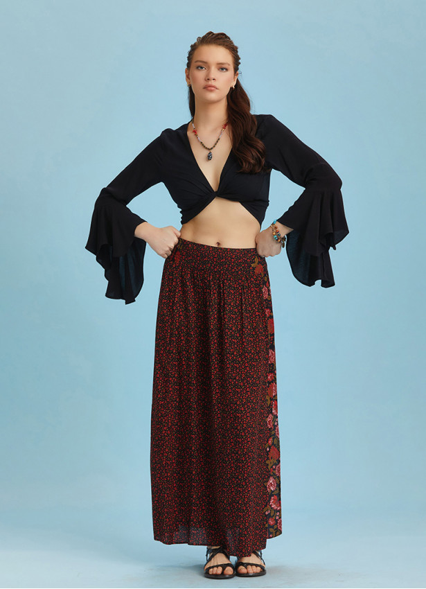 Black Floral Print Elastic Waist Side Slit Long Boho Skirt