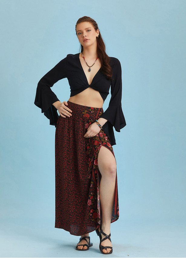 Black Floral Print Elastic Waist Side Slit Long Boho Skirt