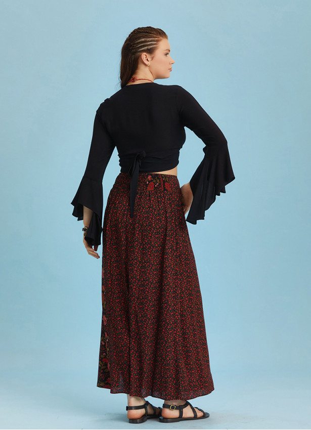 Black Floral Print Elastic Waist Side Slit Long Boho Skirt