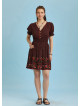 V Necklined Red Rose Print Puff Sleeve Short Dress