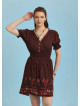 V Necklined Red Rose Print Puff Sleeve Short Dress