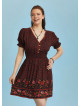 V Necklined Red Rose Print Puff Sleeve Short Dress