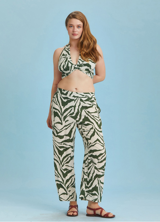 Green Printed Elastic Waist Plus Size Pants