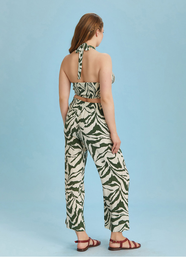 Green Printed Elastic Waist Plus Size Pants