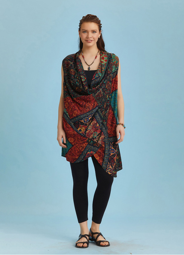 Loose Fit Wrap Front Cowl Neck Tunic Dress