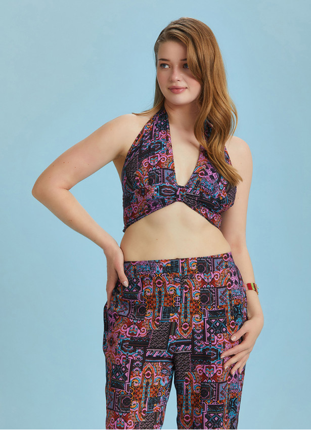 Boho Chic Shirred Back Tie Neck Halter Paterned Plus Size Top