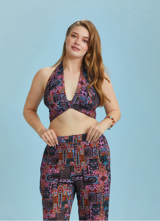 Boho Chic Shirred Back Tie Neck Halter Paterned Plus Size Top