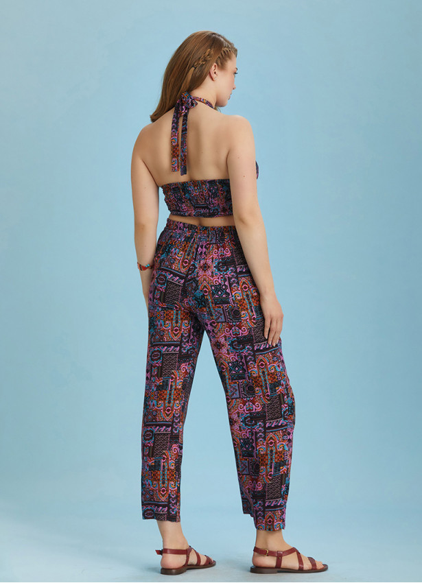 Lilac Printed Elastic Waist Plus Size Pants