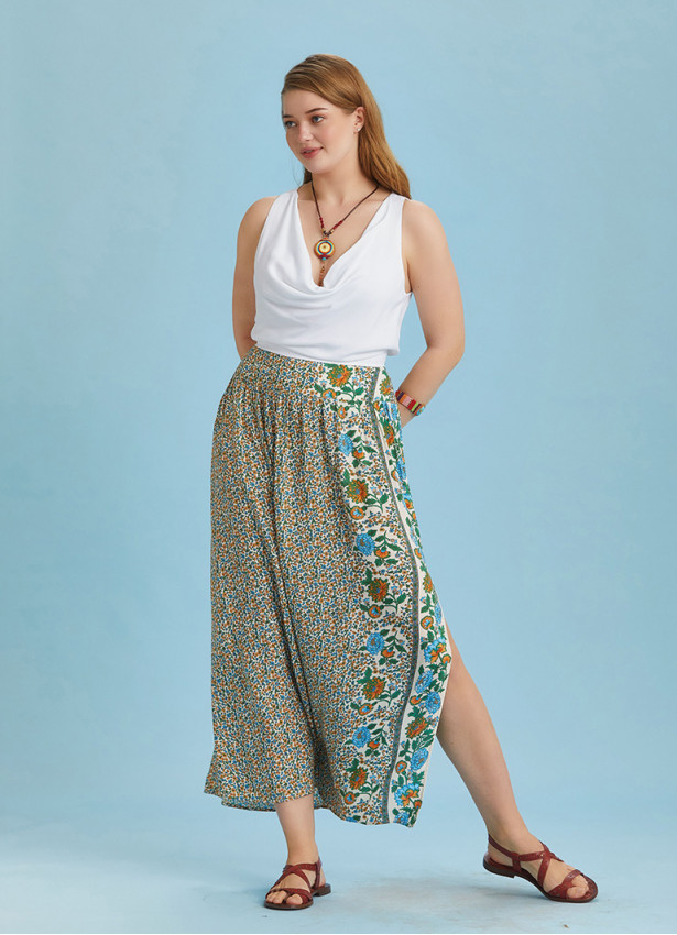 Floral Elastic Waist Side Slit Plus Size Skirt