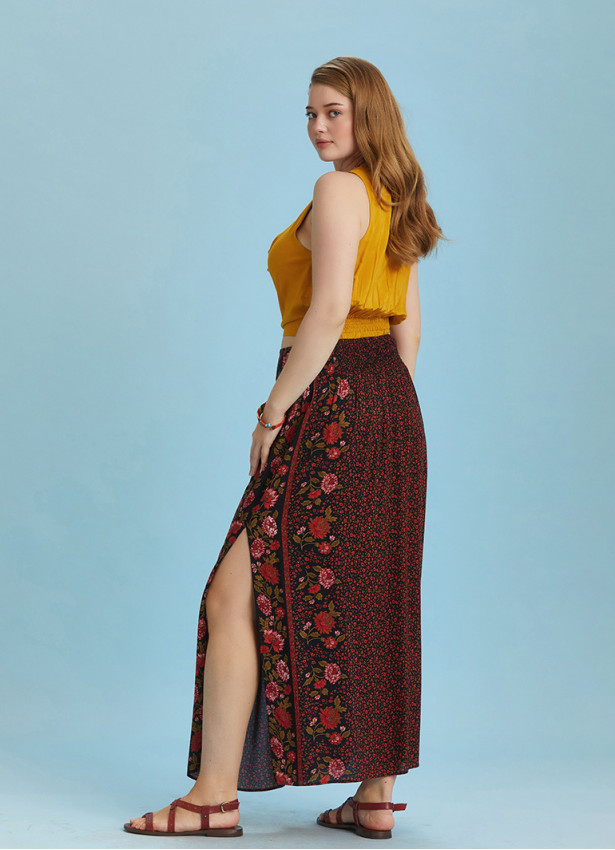 Black Floral Elastic Waist Side Slit Plus Size Skirt