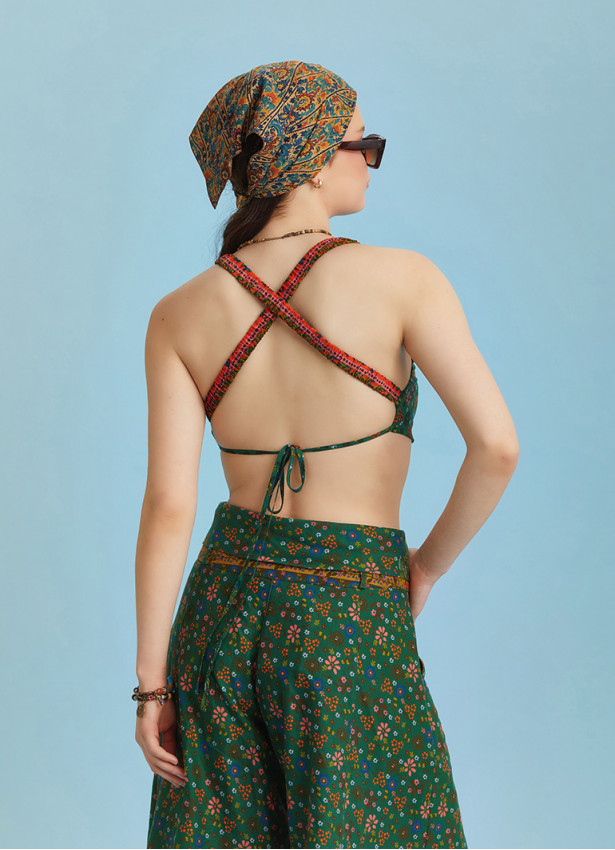 Boho Chic Knot Front Green Floral Bralette Top