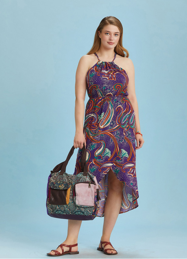 Purple Patterned Halter Neck Plus Size Dress