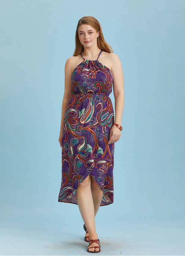 Purple Patterned Halter Neck Plus Size Dress