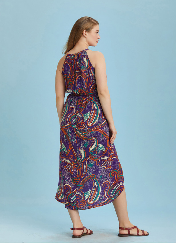 Purple Patterned Halter Neck Plus Size Dress